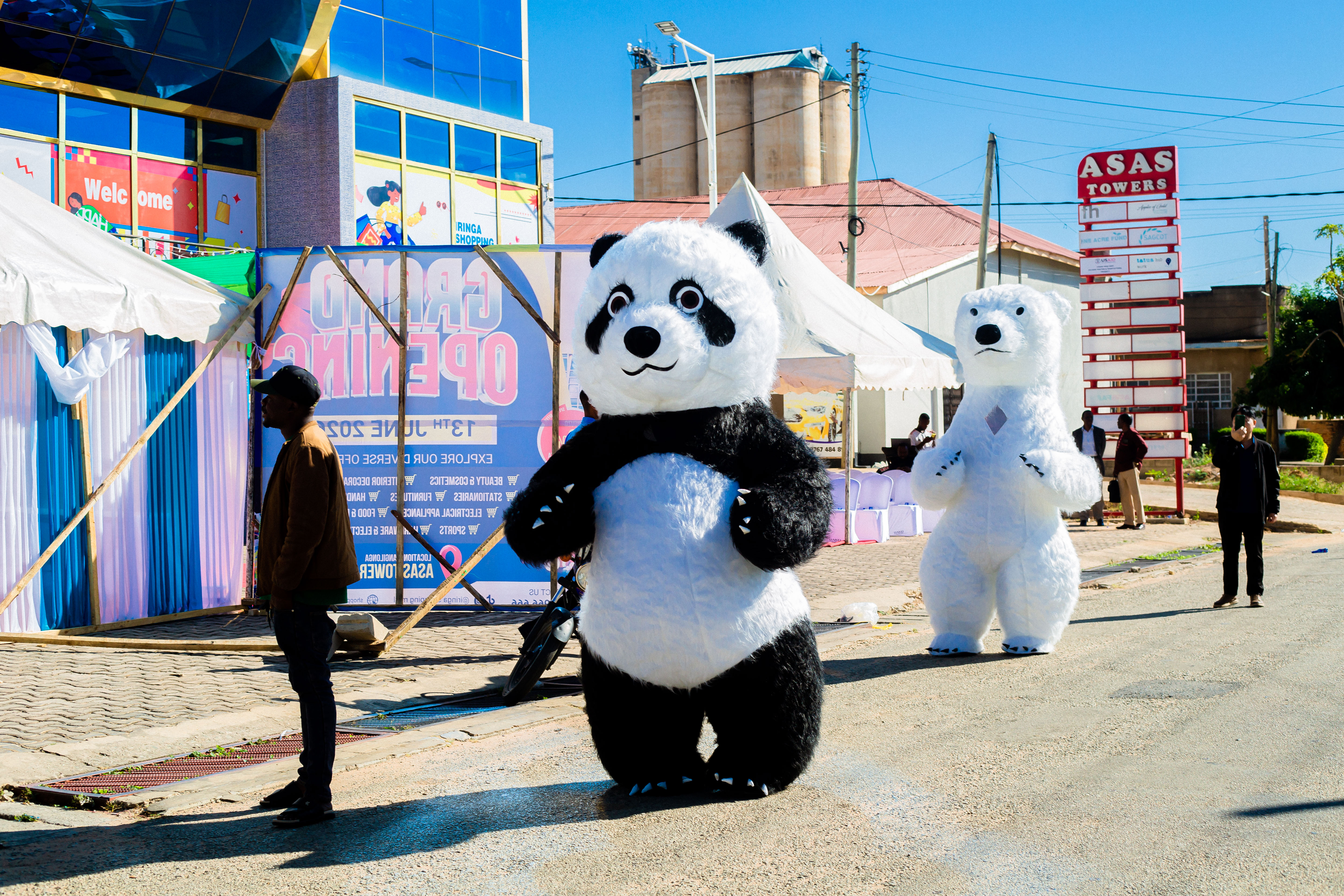 Panda mascots with staff